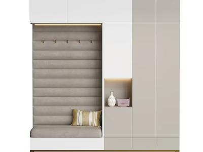 Modern Entryway Hallway Design With Upholstered Bench Wall Hooks Cabinet Lighting And Decorative Vase 3d model