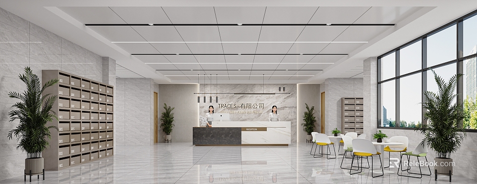 Modern Office Reception Area With Stylish Counter Staff Green Plants And Elegant Decor 3d model 