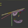 3D Rendered Silver Machine Gun With Red Components Stand Magazine And Bullets