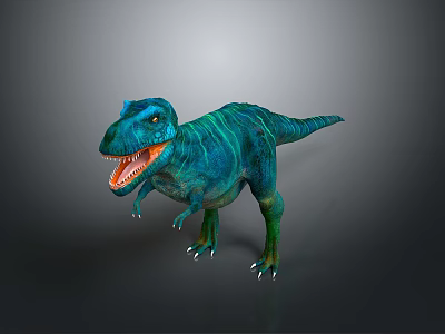 3D Blue Green Dinosaur Model With Open Mouth And Sharp Teeth Standing Pose 3d model