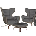 Gray Fabric Modern Single Sofa Set With Ottoman And Wooden Legs