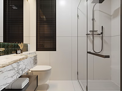 Modern Bathroom Interior With Marble Countertop Glass Shower Black Blinds And White Tiles 3d model
