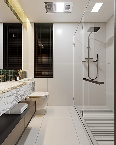 Modern Bathroom Interior With Marble Countertop Glass Shower Black Blinds And White Tiles 3d model
