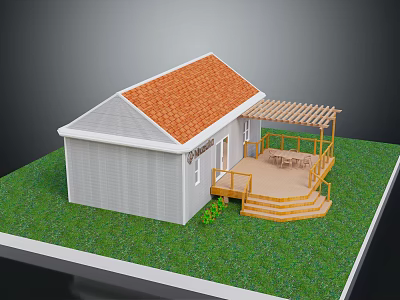 Single Story House With Orange Roof White Walls Wooden Deck Pergola And Green Lawn 3d model