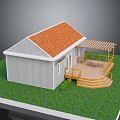 Single Story House With Orange Roof White Walls Wooden Deck Pergola And Green Lawn