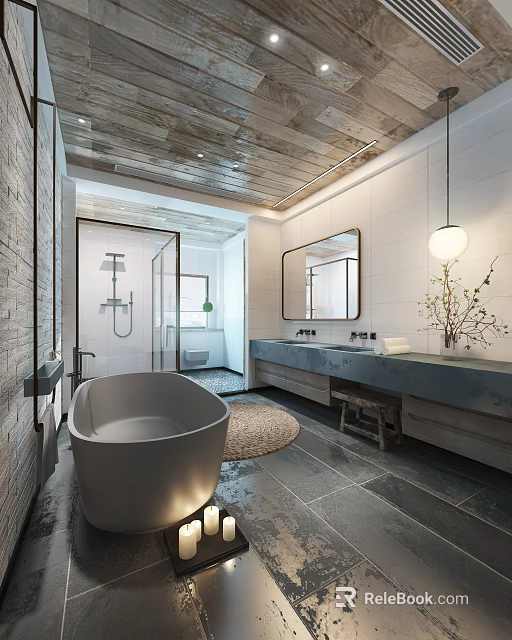 Modern Bathroom Interior With Freestanding Bathtub Double Vanity Mirror And Pendant Light 3d model 
