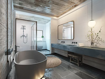 Modern Bathroom Interior With Freestanding Bathtub Double Vanity Mirror And Pendant Light 3d model