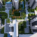 Commercial Landscape Design with High Rise Buildings Central Green Courtyard Swimming Pool and Lush Vegetation