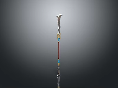 Ornate Decorative Staff Weapon with Intricate Metal Carving Red Shaft and Gemstone Inlays 3d model