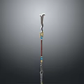 Ornate Decorative Staff Weapon with Intricate Metal Carving Red Shaft and Gemstone Inlays