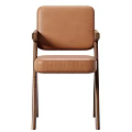 Modern Brown Leather Single Chair With Wooden Armrests And Cross Legs Design