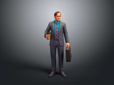 3D Business Character In Gray Suit With Blue Shirt Briefcase And Coffee Cup 3d model