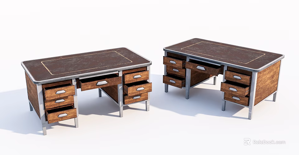 Modern Industrial Desk Featuring Dark Wooden Top Metal Frame And Multiple Drawers 3d model 