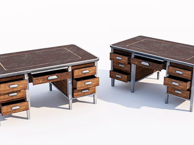 Modern Industrial Desk Featuring Dark Wooden Top Metal Frame And Multiple Drawers 3d model
