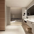 Modern Hotel Bathroom Interior With Large Mirror White Vanity Glass Shower And Wooden Accents