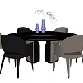 Modern Round Dining Table Set with Beige Black Chairs and Decorative Plant 3d model
