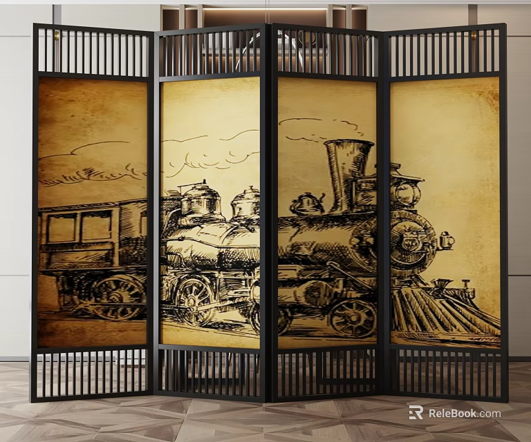 Vintage Folding Screen Featuring Black Frame And Classic Train Design Panels 3d model