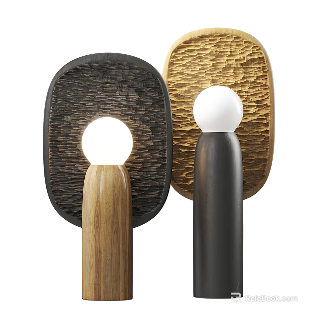 Two Modern Table Lamps With Black Wooden Golden Textured Backboard And White Round Lampshade 3d model 