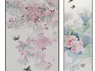 Traditional Chinese Floral Painting Artwork with Pink Blossoms Green Leaves and Butterflies 3d model