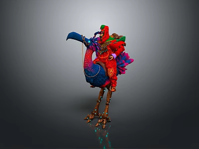 Decorative Character Riding Fantasy Colorful Feathered Creature With Blue Body Long Legs And Clawed Feet 3d model