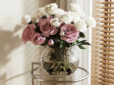 Clear Glass Vase With White And Pink Roses On Metal Table Near Window Blinds 3d model