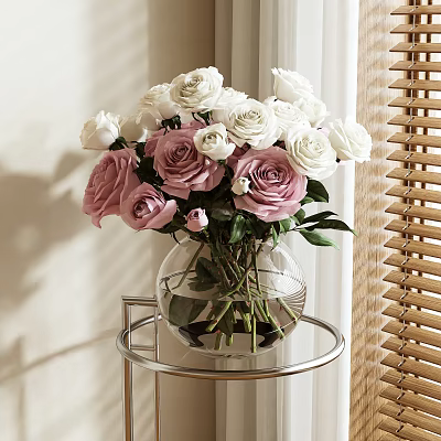 Clear Glass Vase With White And Pink Roses On Metal Table Near Window Blinds 3d model