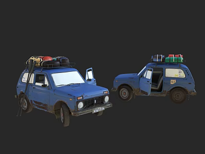 Two Blue Vintage Cars with Roof Rack Luggage Open Door and Muddy Exterior 3d model