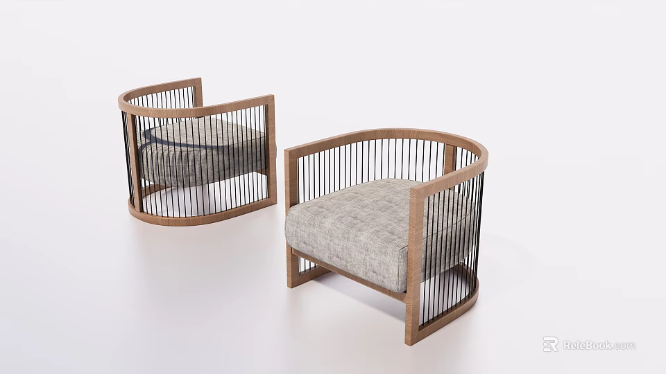 Modern Curved Armchair With Wooden Frame And Gray Fabric Cushion 3d model 