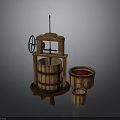 Wooden Press Equipment With Large Barrel Red Liquid And Small Barrel