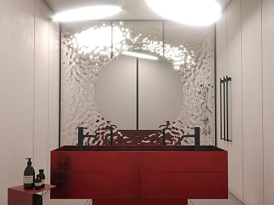 Modern Bathroom Interior Design With Red Vanity Circular Mirror Decorative Glass Wall And Lighting 3d model