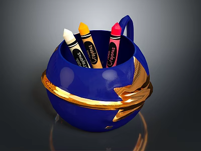 Stylish Blue Pen Holder With Gold Decoration And Colored Crayons 3d model