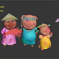 Three Pigs In Traditional Clothes Wearing Straw Hats Holding Straw With Flying Birds