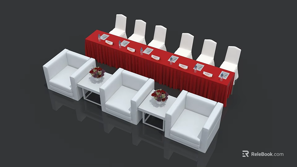 Stylish Interior Setup With Red Long Table White Chairs White Sofas Coffee Tables And Flowers 3d model 