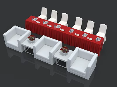 Stylish Interior Setup With Red Long Table White Chairs White Sofas Coffee Tables And Flowers 3d model