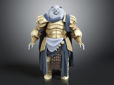 Bear Headed Warrior Creature Character Wearing Golden Armor And Blue Cloak Standing Pose 3d model