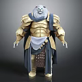 Bear Headed Warrior Creature Character Wearing Golden Armor And Blue Cloak Standing Pose