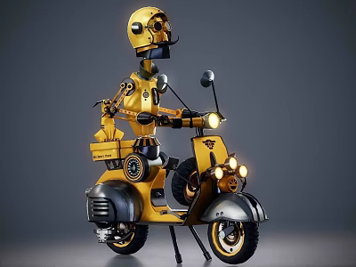Intelligent Machine Robot Riding Yellow Scooter With Helmet And Headlights 3d model