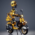Intelligent Machine Robot Riding Yellow Scooter With Helmet And Headlights