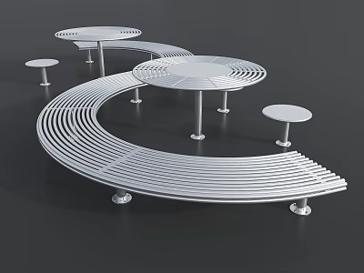 Modern Landscape Seating with Curved Bench Round Tables and Small Stools 3d model