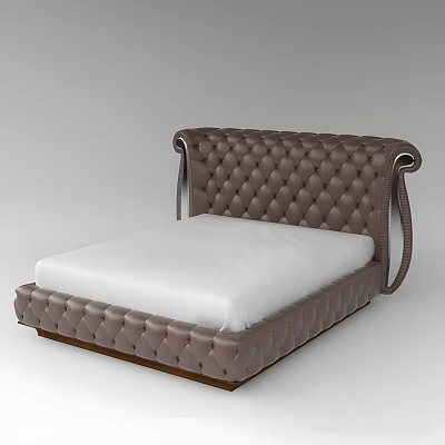 Elegant Tufted Brown Leather Double Bed With Scroll Headboard And White Mattress 3d model