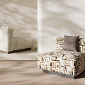 Stylish Single Sofa With Geometric Pattern And White Upholstery In Soft Light Interior Space 3d model