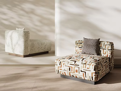 Stylish Single Sofa With Geometric Pattern And White Upholstery In Soft Light Interior Space 3d model