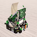 Green Black Mechanical Device with Reels Wheels And Metal Frame on Wooden Floor Surface