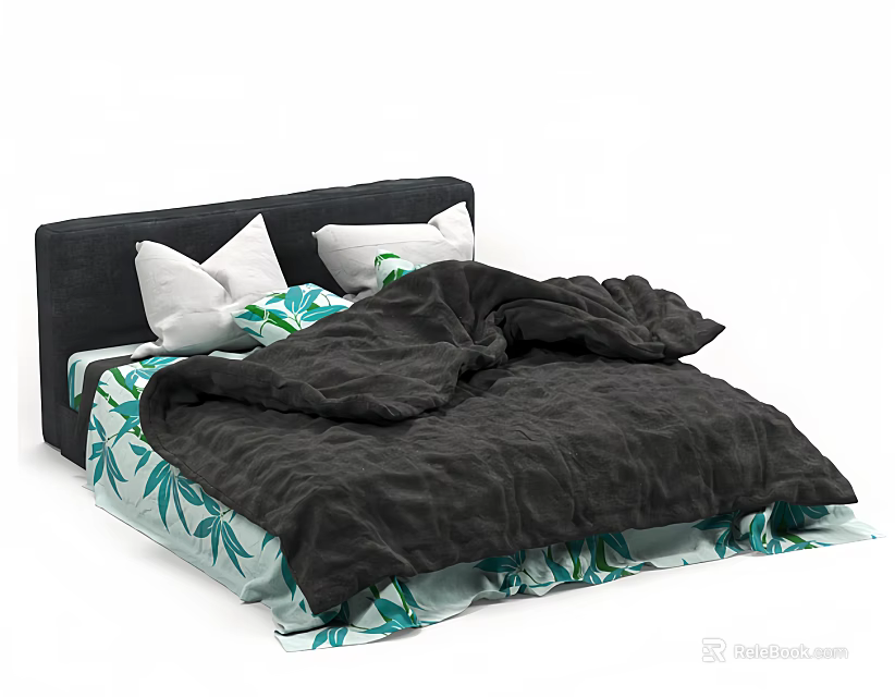 Stylish Double Bed With Black Headboard White Pillows Black Duvet And Green Leaf Pattern 3d model 