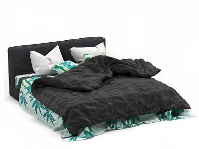 Stylish Double Bed With Black Headboard White Pillows Black Duvet And Green Leaf Pattern 3d model