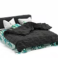 Stylish Double Bed With Black Headboard White Pillows Black Duvet And Green Leaf Pattern