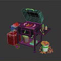 Grilled Sausages and Carrot Sticks on Outdoor BBQ Grill with Condiment Bottles and Snack Bucket