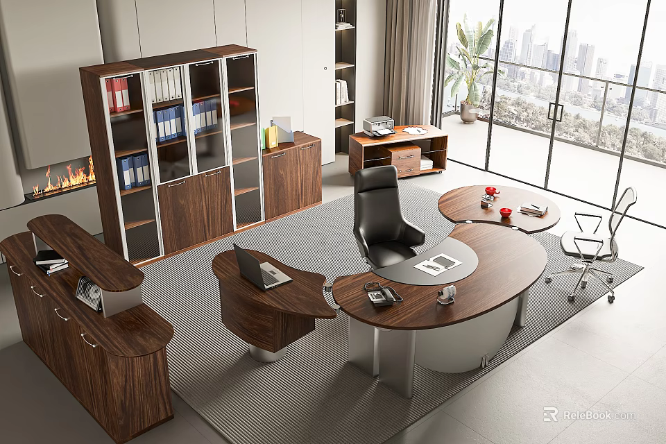 Modern Wooden Round Office Desk With Laptop Bookshelf And City View 3d model 