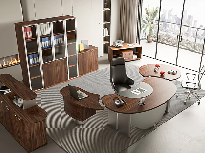 Modern Wooden Round Office Desk With Laptop Bookshelf And City View 3d model