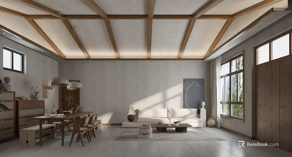 Living Dining Room with Wooden Beam Ceiling Gray Walls Large Windows Sunlight Sofa and Dining Table 3d model 